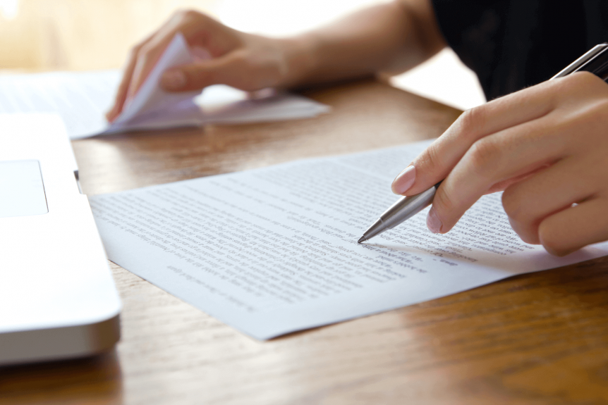 A female translator working with a document